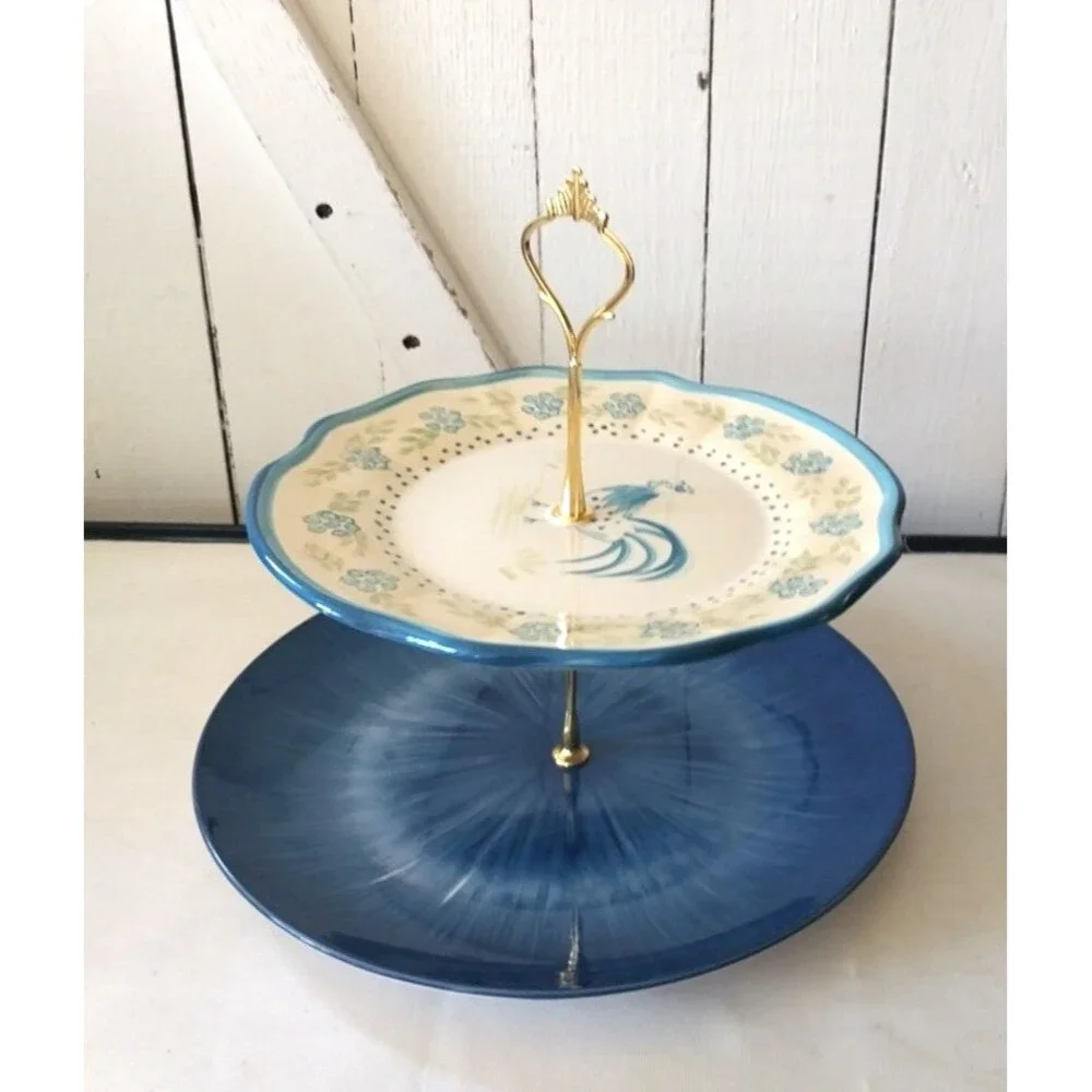Custom 2 Tier Cake Stand Cottage Core Blue Floral Rooster Country